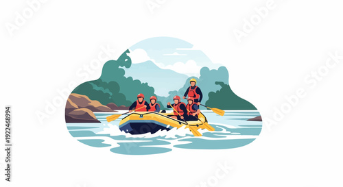 Six people in a raft navigate whitewater rapids surrounded by trees and mountains