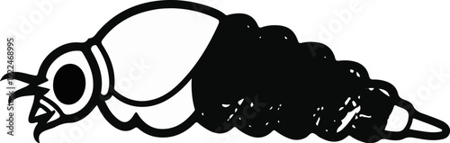 Stylized black and white illustration of a segmented creature with a large head