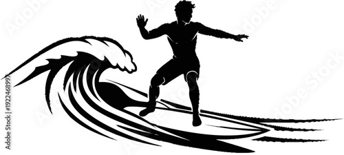 Silhouette of a surfer riding a wave with abstract water splash