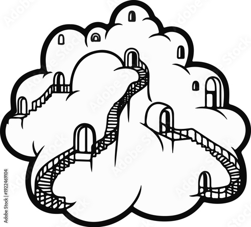 Stylized, abstract architectural landscape with cascading stairways and archways