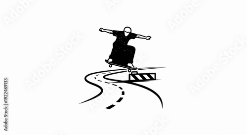 Skateboarder performing a trick over a road barrier and curve