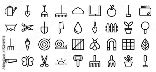 Sustainable gardening and horticulture monoline icons for landscape design. Minimalist outline symbols featuring cultivation tools and nature elements.