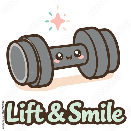 Cute and cheerful cartoon dumbbell with a smiling face and sparkling effect perfect for fitness motivation and workout inspiration designs