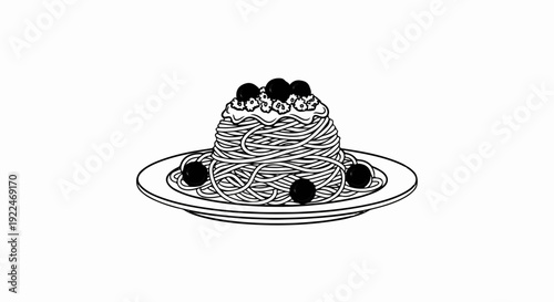 Spaghetti piled high on a plate with black olives and sauce topping