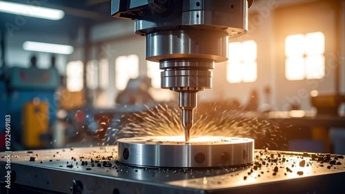 A drill machine bores into metal, creating sparks. A shop's interior features sunlight