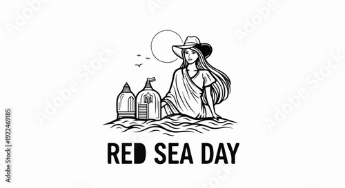 Stylized artwork of a woman in a hat by the sea with structures