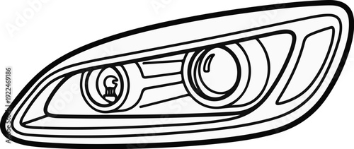 Stylized automotive headlight, black outline on white, featuring two lenses