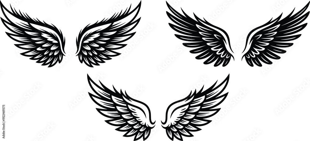 Fototapeta premium Angel Wings Black Silhouette Vector Set. Flying Bird Wings Tattoo Style Illustration Collection.