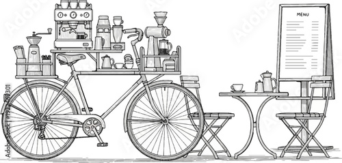Sketch of a bicycle coffee cart with a menu board and seating
