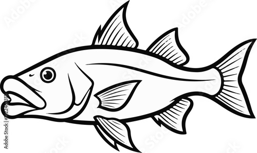 Stylized black and white illustration of a fish with its mouth open