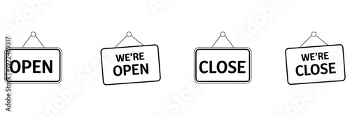 Open Closed Hanging Door Sign Icons, Welcome Store And Cafe Label Collection, Business Status Notice Board Symbols, Minimal Outline Vector Illustration For Shop Entrance Design.