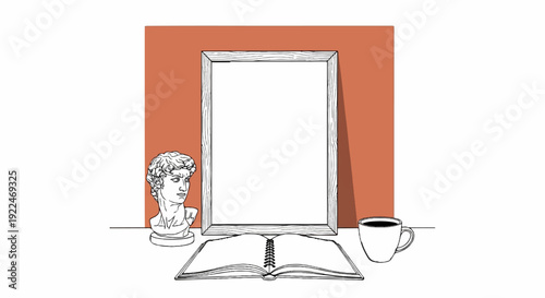 Sketch of a bust, empty frame, open book and coffee on a desk