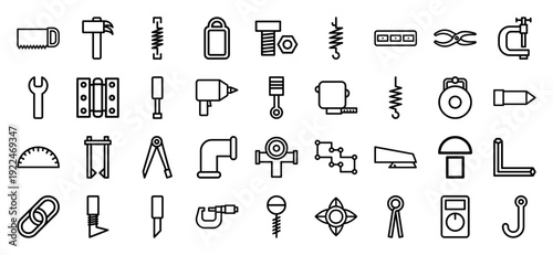 Industrial hardware and mechanical engineering symbols. Technical monoline pictograms for construction, plumbing, and manufacturing toolkits.