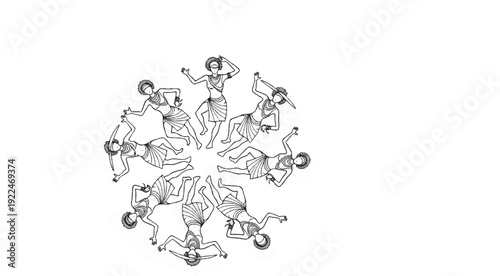 Stylized ancient figures in a circular dance arrangement