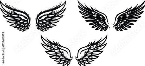Angel Wings Black Silhouette Vector Set. Flying Bird Wings Tattoo Style Illustration Collection.