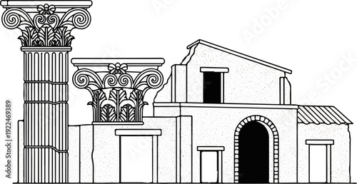Stylized ancient Greek architecture with Ionic columns and stone buildings