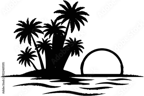 Silhouette of a tropical island with palm trees at sunset over the ocean