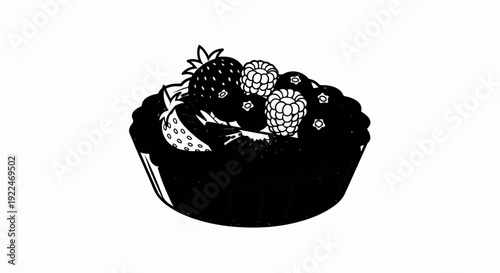 Stylized black and white illustration of a fruit-topped tart