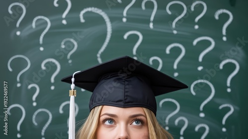 Young blonde female student wearing a graduation cap contemplating her uncertain future while looking up at a chalkboard full of chalk question marks.