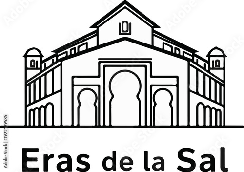 Stylized architectural drawing of a building with multiple arches and turrets