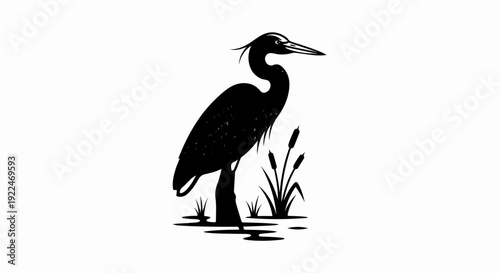 Silhouette of a wading bird standing in water with reeds