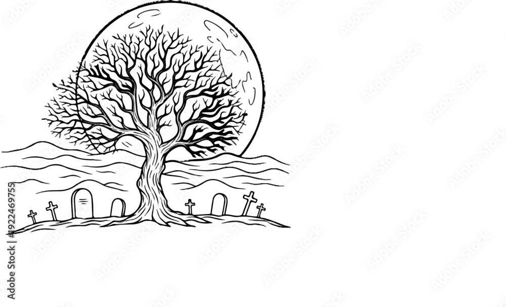 Obraz premium Spooky bare tree casts shadow over graveyard under full moon
