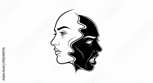 Split face profile depicting contrasting emotions, calm and enraged