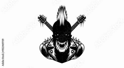 Spiky skull with mohawk and guitars on a white background