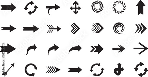 A diverse collection of arrows and symbols representing various directions and actions isolated on white background, Vector