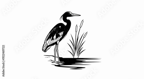 Stylized black and white illustration of a heron standing by cattails