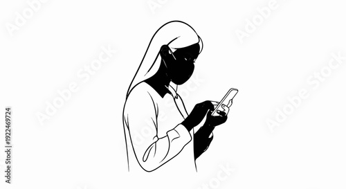 Silhouette of a woman in a mask using a smartphone