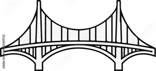 Stylized black and white line art of a suspension bridge with towers and cables