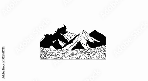 Stark black and white graphic of jagged mountain peaks and rocky foreground