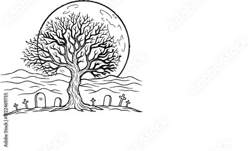 Spooky bare tree casts shadow over graveyard under full moon