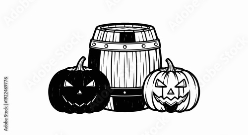 Spooky carved pumpkins flank a rustic wooden barrel