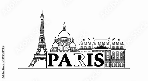 Stylized black and white line art of Parisian landmarks and buildings spelling out the city's name