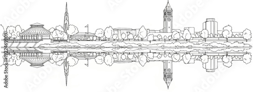 Sketch of a cityscape with distinct architecture and foliage, reflected in water