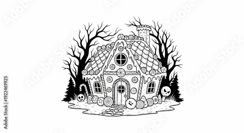 Spooky gingerbread house with candy decorations in a dark, bare tree forest