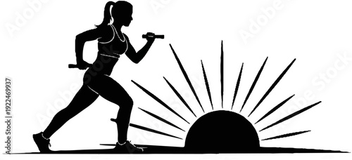 Silhouette of a woman performing a fitness exercise with weights against a rising sun