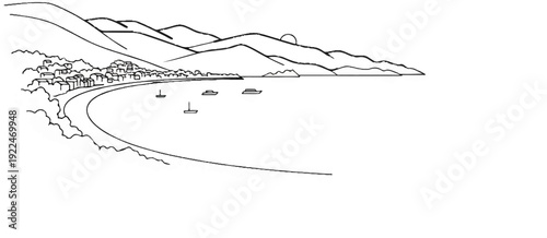 Sketch of a coastal town nestled by mountains with boats on the sea