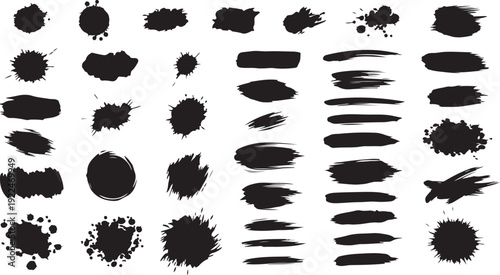 A collection of various black inkblot patterns and designs isolated on white background, Vector