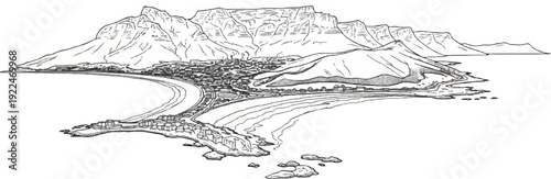 Sketch of a coastal city nestled against a majestic mountain range and bay