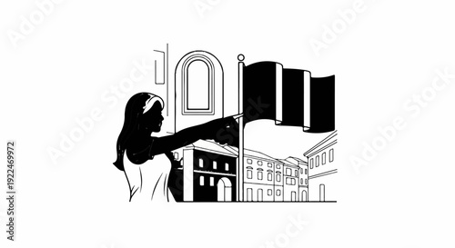 Silhouette of a woman pointing at a flag with a cityscape backdrop