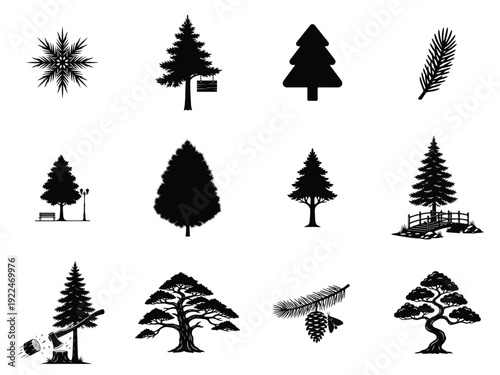 Collection of diverse tree and nature silhouettes including pine trees, a snowflake, and various forest scenes.