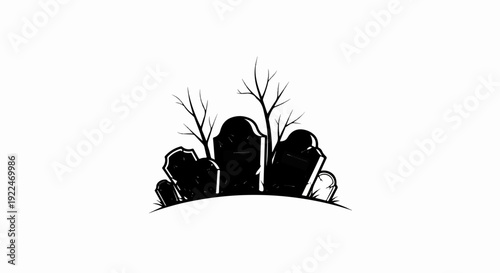 Spooky graveyard with tombstones and bare trees under a white backdrop