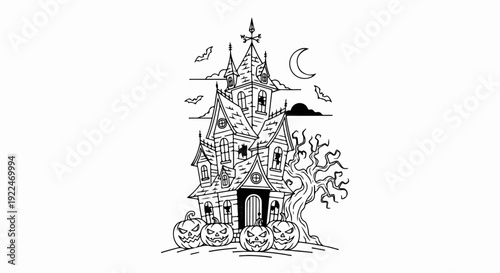 Spooky haunted house with jack-o-lanterns, bats, moon, and spooky tree