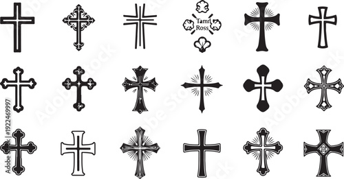 A collection of diverse and intricate cross designs in black and white isolated on white background, Vector