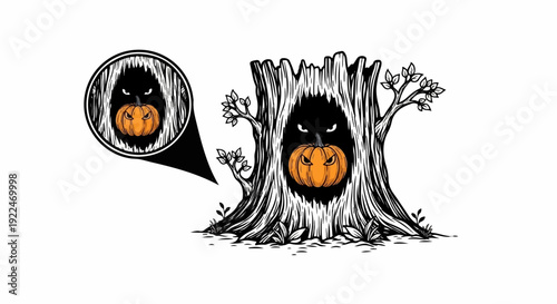 Spooky hollow tree trunk features a carved pumpkin face with glowing eyes