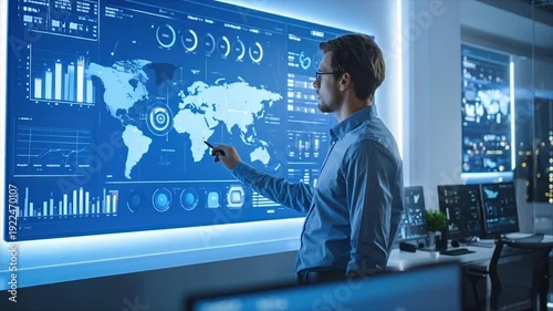 Man in glasses points to a world map on a large digital screen with graphs