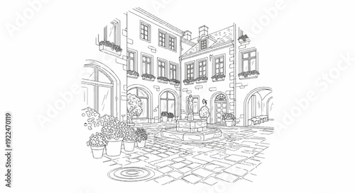 Sketch of a European courtyard with a fountain and potted plants